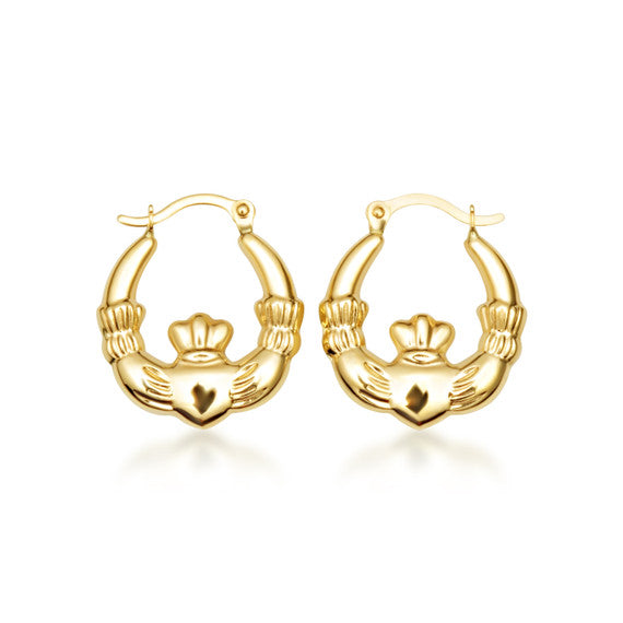 Yellow Gold Irish Celtic Claddagh Heart Crown Hoop Earrings