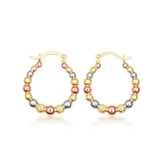 Tri-Color Gold Bead Hoop Earrings