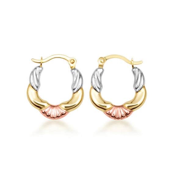 Tri-Color Gold Textured Hoop Earrings