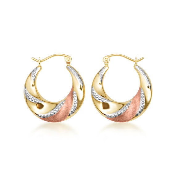Tri-Color Gold Textured Twist Hoop Earrings