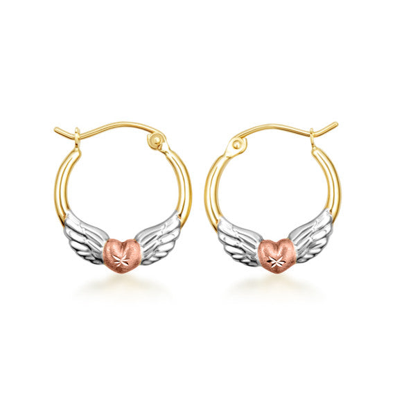 14K Tri-Color Gold Winged Heart Hoop Earrings