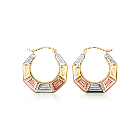 14K Tri-Color Gold Striped Hexagon Hoop Earrings