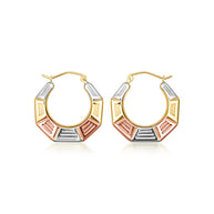 14K Tri-Color Gold Striped Hexagon Hoop Earrings