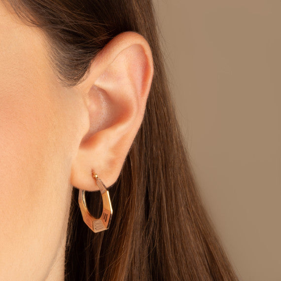 14K Tri-Color Gold Striped Hexagon Hoop Earrings
