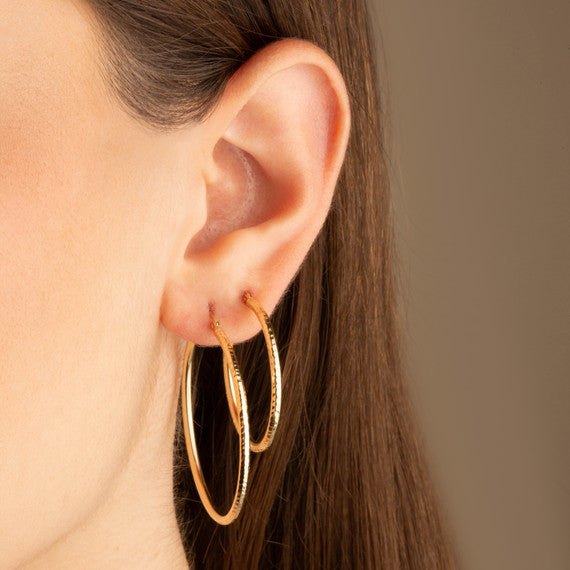 Yellow Gold Textured Diamond Cut Tube Hoop Earrings (Available in Small/Large)