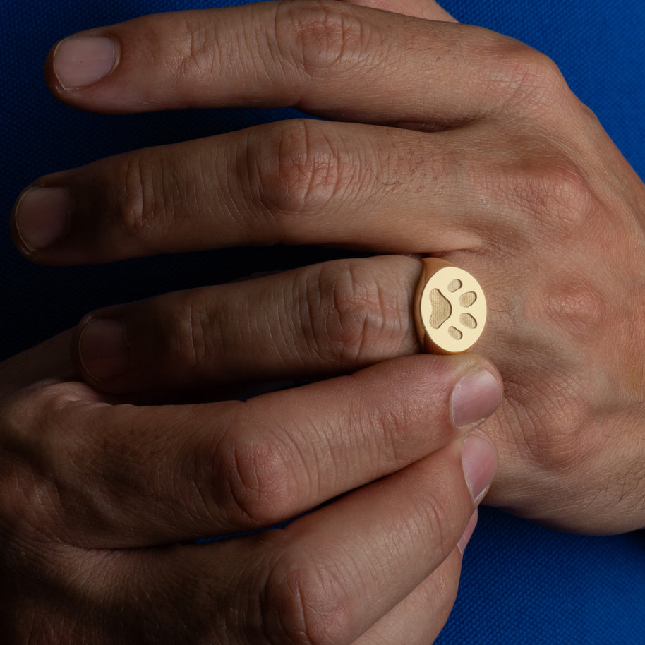 Gold Dog Paw Print Pet Signet Ring (Available in Yellow/Rose/White Gold)
