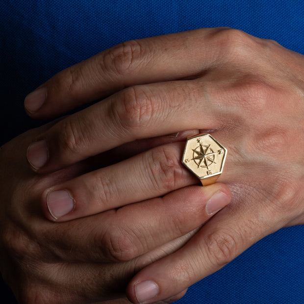 Gold Compass Rose Navigation Signet Ring (Available in Yellow/Rose/White Gold)