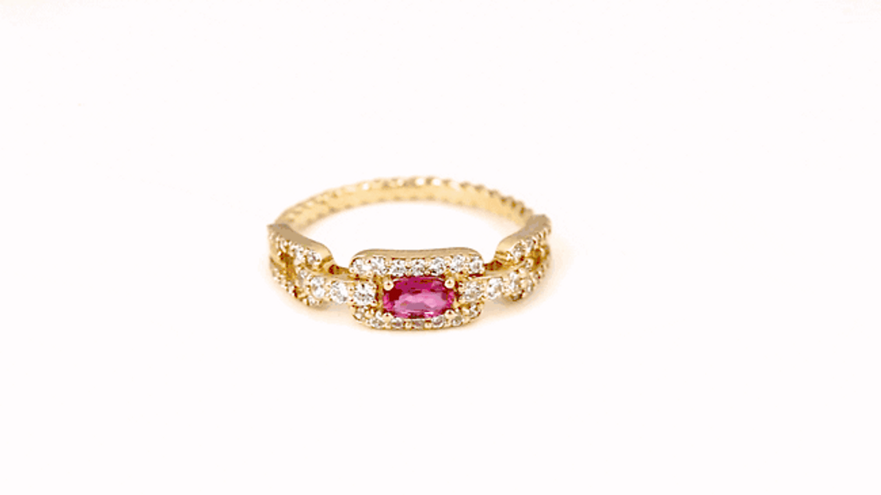 Gold Oval Gemstone Diamond Studded Cuban Chain Link Ring 5.3mm (Available in Yellow/Rose/White Gold)