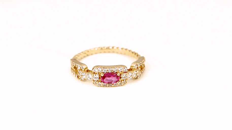 Gold Oval Gemstone Diamond Studded Cuban Chain Link Ring 5.3mm (Available in Yellow/Rose/White Gold)