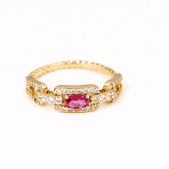 Gold Oval Gemstone Diamond Studded Cuban Chain Link Ring 5.3mm (Available in Yellow/Rose/White Gold)