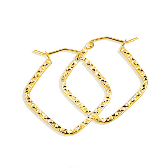 14K Yellow Gold Diamond Cut Square Hoop Textured Earrings