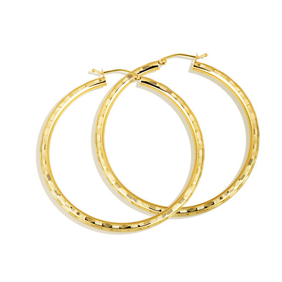 14K Yellow Gold Diamond Cut Striped Hoop Earrings