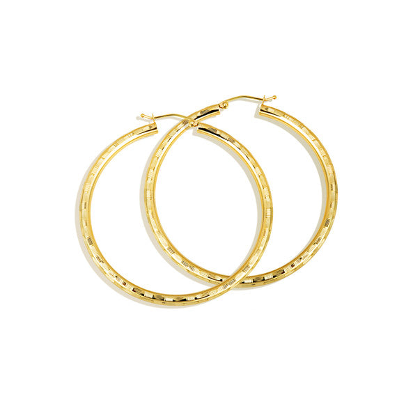 14K Yellow Gold Diamond Cut Striped Hoop Earrings