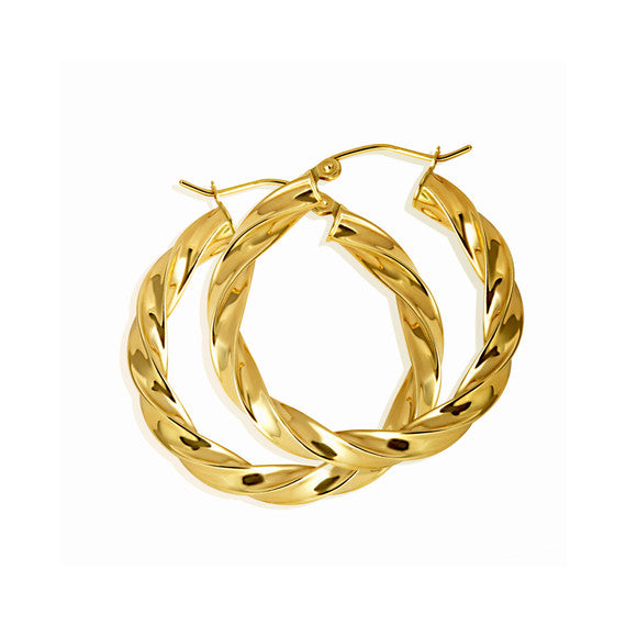 14K Yellow Gold Twist Diamond Cut Hoop Earrings