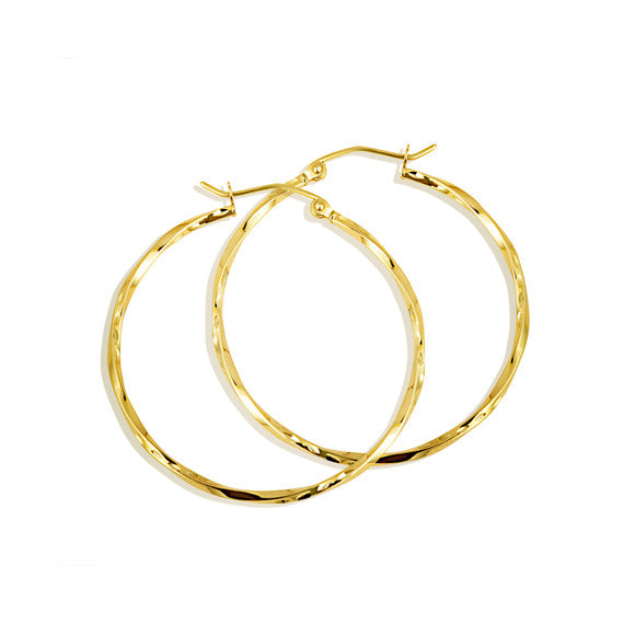 14K Yellow Gold Diamond Cut Twist Hoop Earrings (Available in Small/Medium/Large)