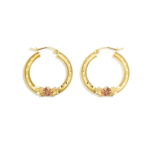 Prev Next Two-Tone Gold Diamond Cut Rose Flower Satin Finish Hoop Earrings
