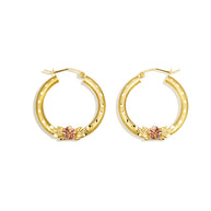 Prev Next Two-Tone Gold Diamond Cut Rose Flower Satin Finish Hoop Earrings