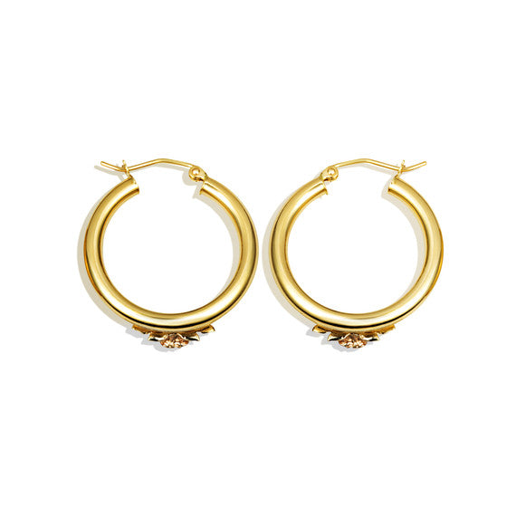 Prev Next Two-Tone Gold Diamond Cut Rose Flower Satin Finish Hoop Earrings