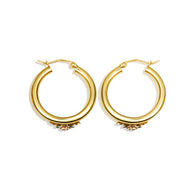 Prev Next Two-Tone Gold Diamond Cut Rose Flower Satin Finish Hoop Earrings