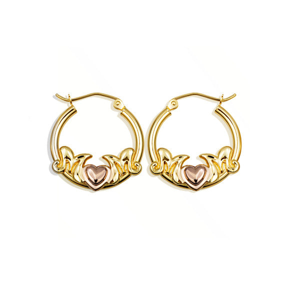 14K Two-Tone Gold Mom Heart Mothers Hoop Earrings