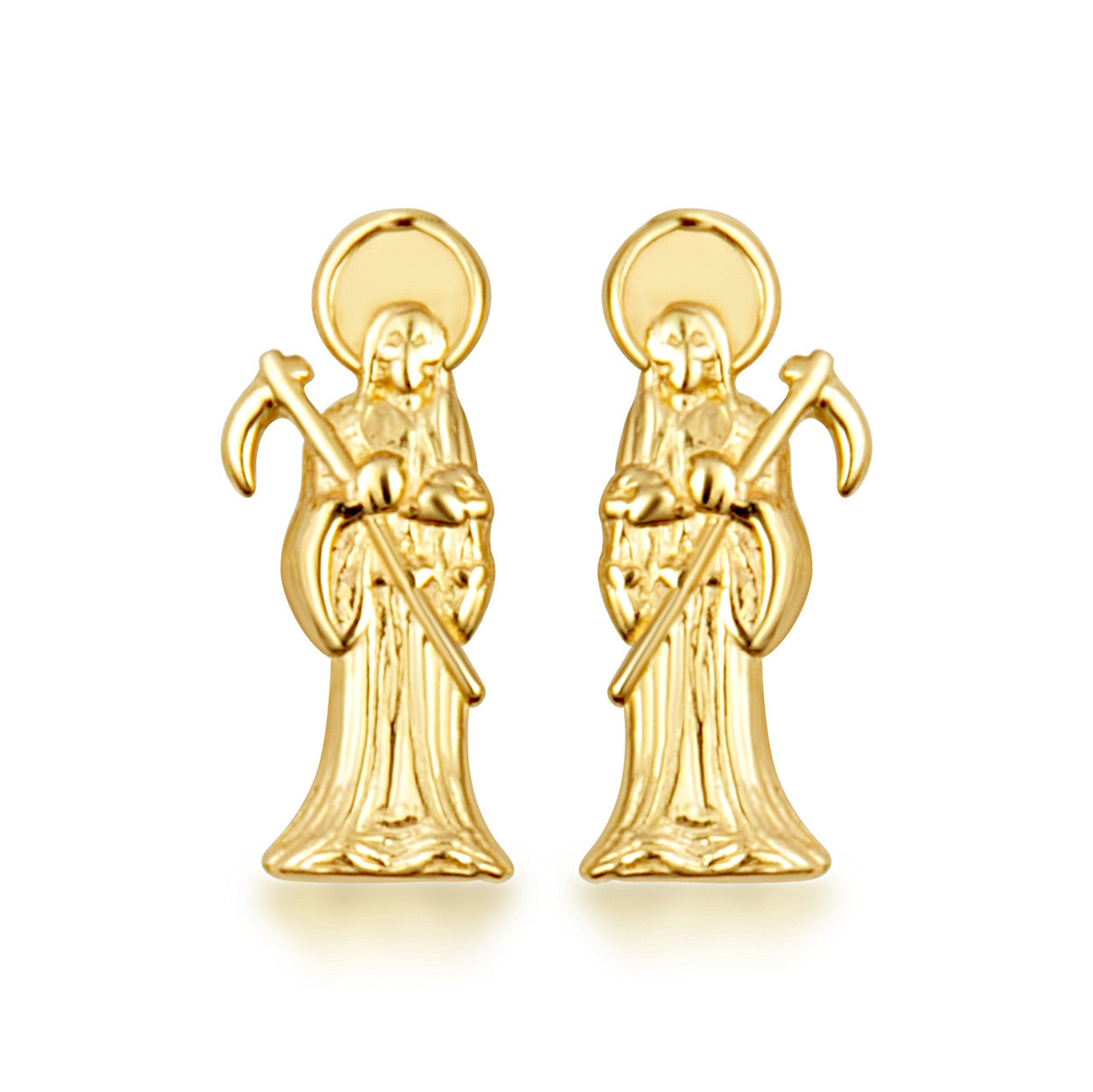 Yellow Gold Santa Muerte Saint Of Death & Protection Stud Earrings