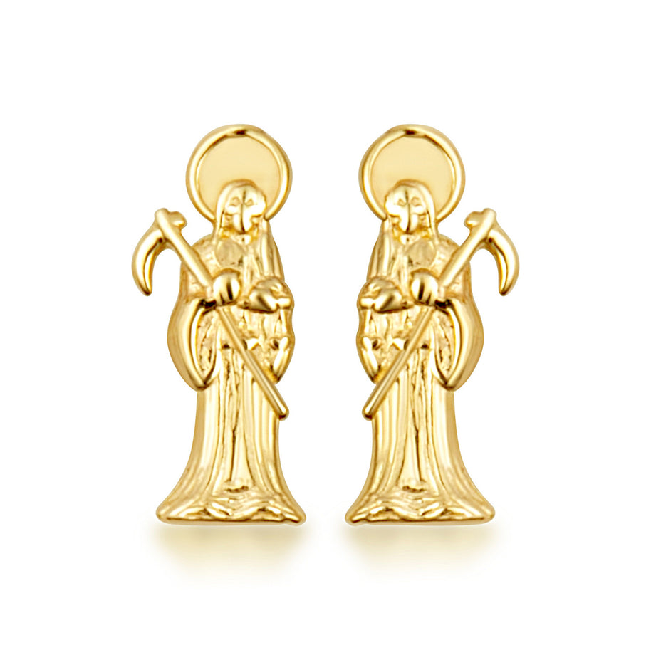 Yellow Gold Santa Muerte Saint Of Death & Protection Stud Earrings