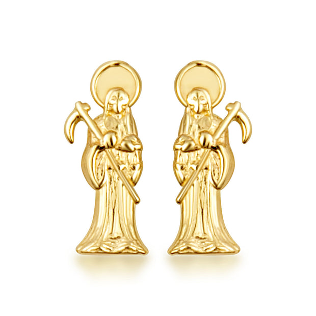 Yellow Gold Santa Muerte Saint Of Death & Protection Stud Earrings