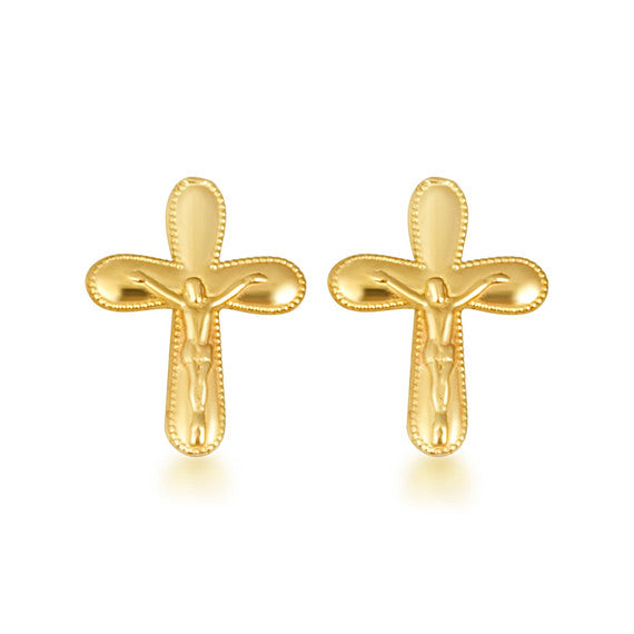 Yellow Gold Cross Crucifix Jesus Christ Milgrain Stud Earrings
