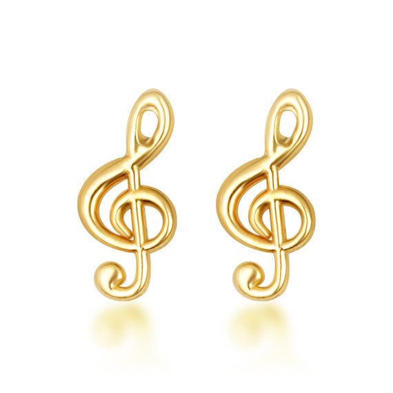 Yellow Gold Treble G Clef Music Note Stud Earrings