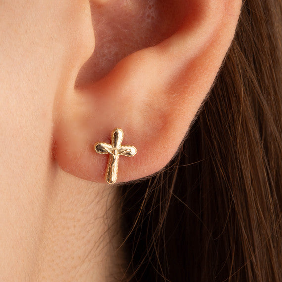 Yellow Gold Cross Crucifix Jesus Christ Milgrain Stud Earrings