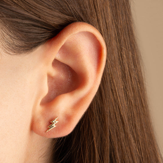Yellow Gold Lightning Bolt Electric Milgrain Stud Earrings