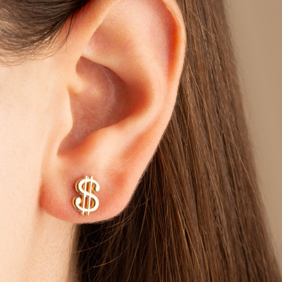 Yellow Gold Dollar Sign Money Stud Earrings