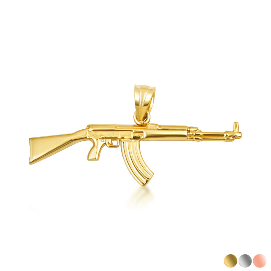 Gold AK-47 Assault Rifle Gun Pendant Necklace (Available in Yellow/Rose/White Gold)