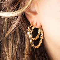 14K Yellow Gold Twist Diamond Cut Hoop Earrings