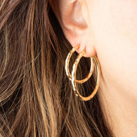 14K Yellow Gold Diamond Cut Striped Hoop Earrings