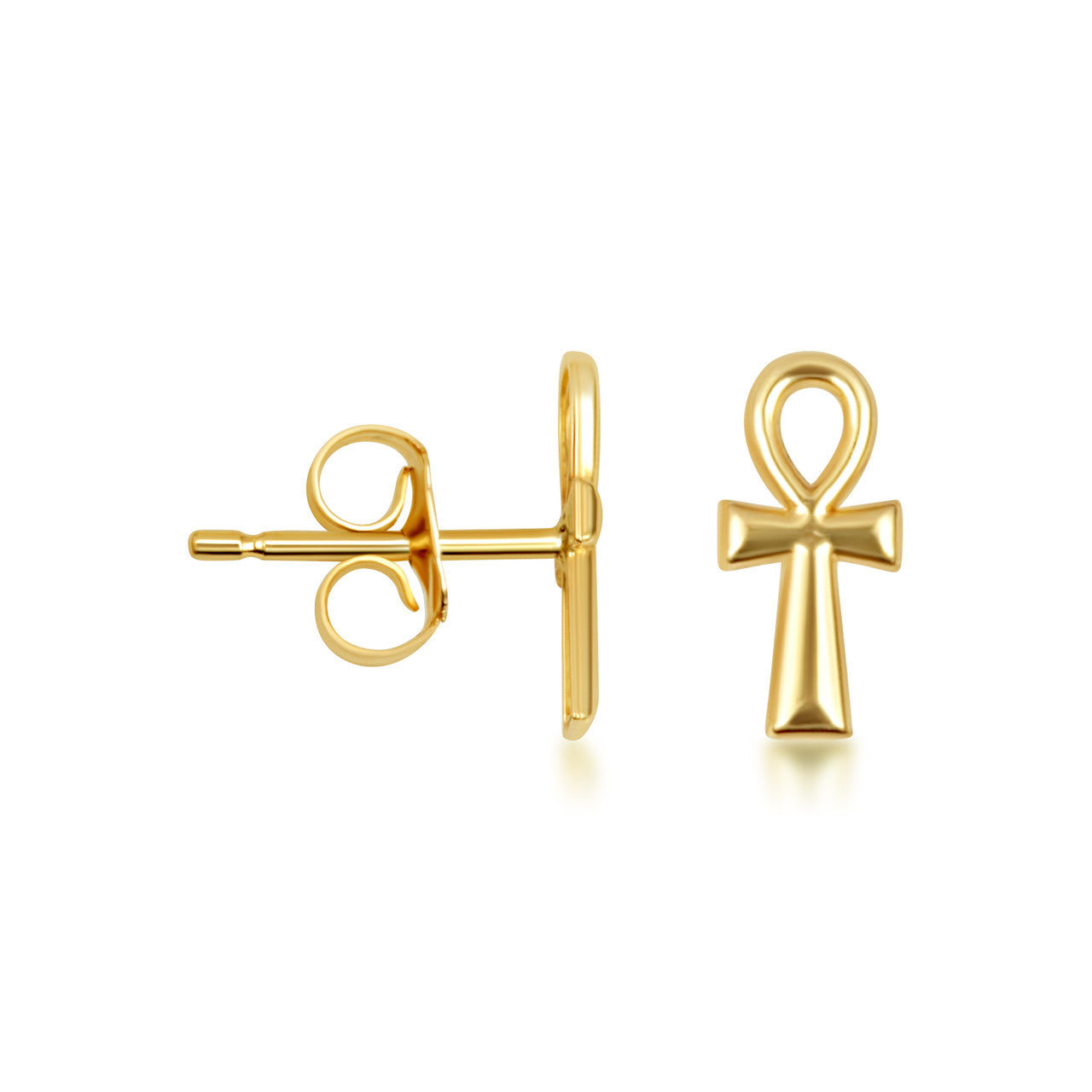 Yellow Gold Egyptian Ankh Cross Stud Earrings