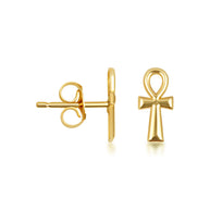 Yellow Gold Egyptian Ankh Cross Stud Earrings