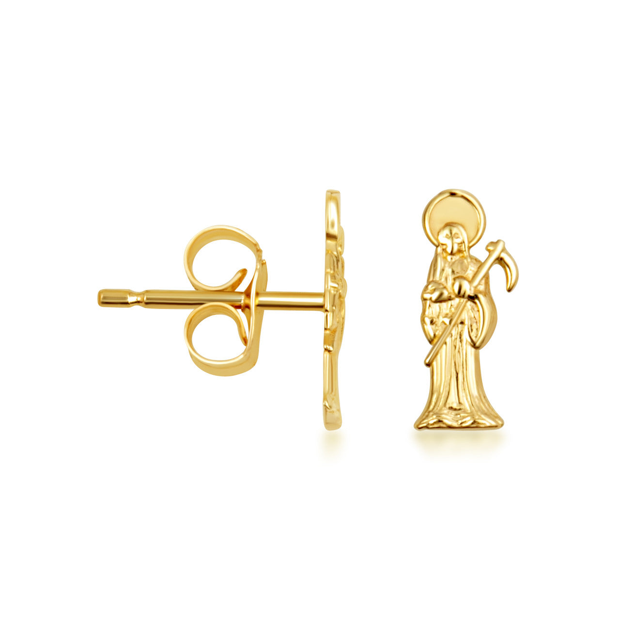 Yellow Gold Santa Muerte Saint Of Death & Protection Stud Earrings