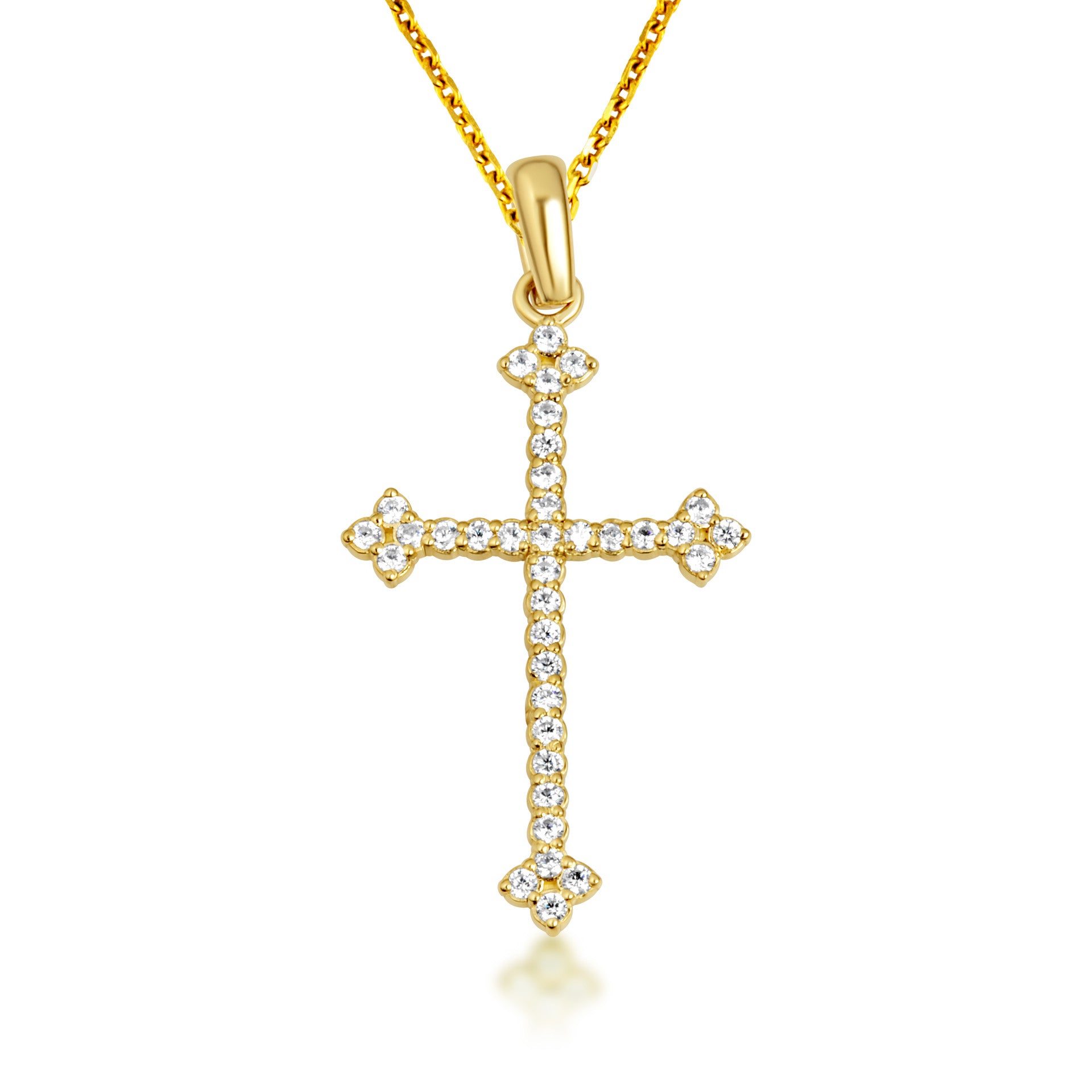 10K Gold Studded Botonee Budded Cross Pendant Necklace (Available in Yellow/Rose/White Gold)