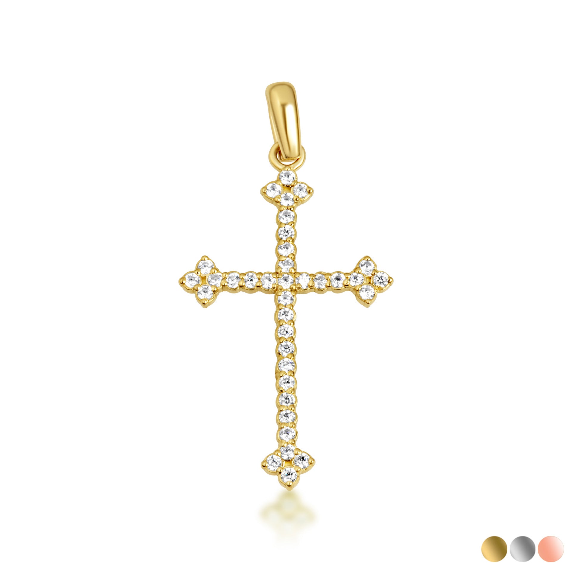 10K Gold Studded Botonee Budded Cross Pendant Necklace (Available in Yellow/Rose/White Gold)