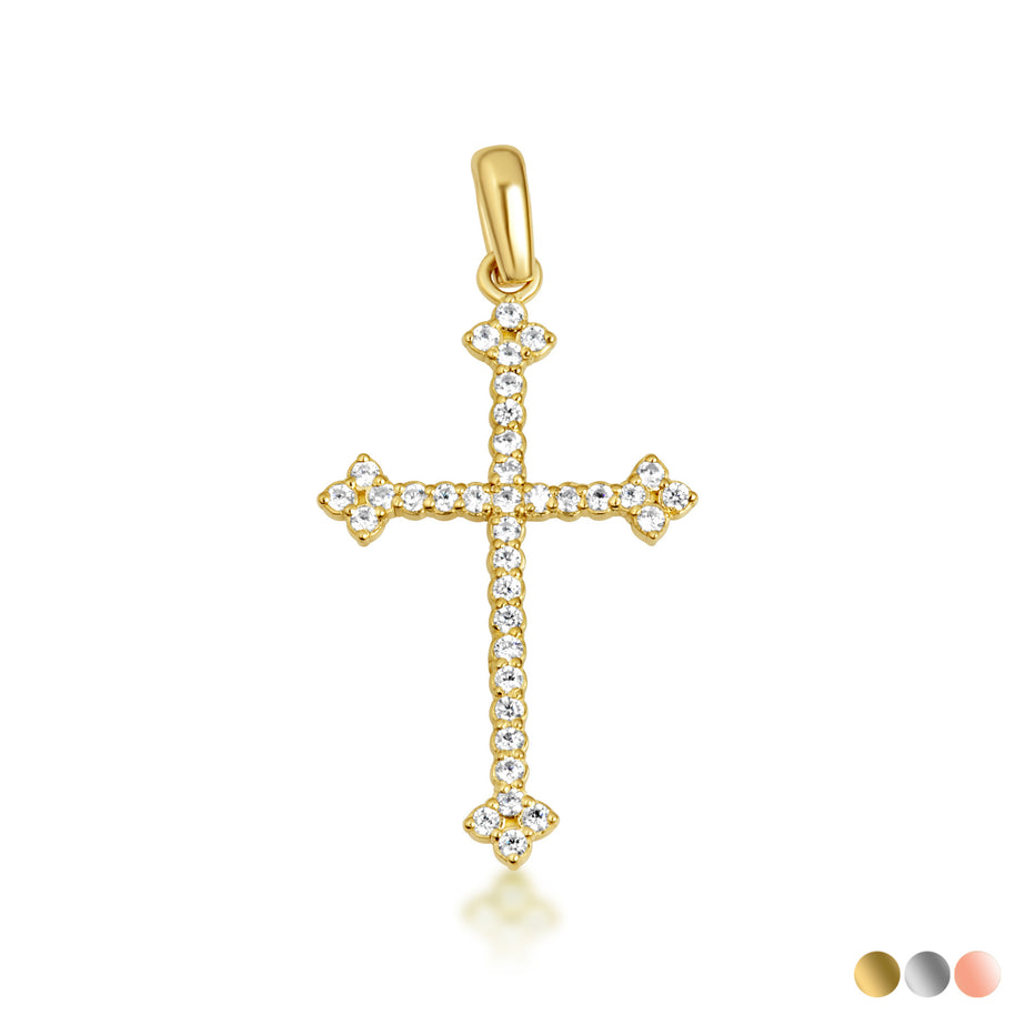 10K Gold Studded Botonee Budded Cross Pendant Necklace (Available in Yellow/Rose/White Gold)