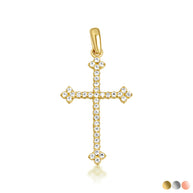 10K Gold Studded Botonee Budded Cross Pendant Necklace (Available in Yellow/Rose/White Gold)