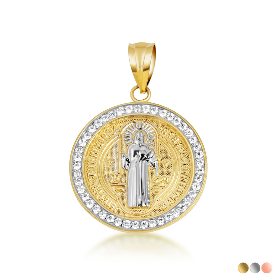 14K Two-Tone Gold Saint Benedict Diamond Halo Medallion Pendant Necklace (Available in Small/Large & Yellow/Rose/White Gold)