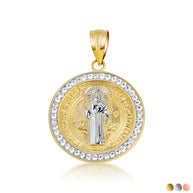 14K Two-Tone Gold Saint Benedict Diamond Halo Medallion Pendant Necklace (Available in Small/Large & Yellow/Rose/White Gold)