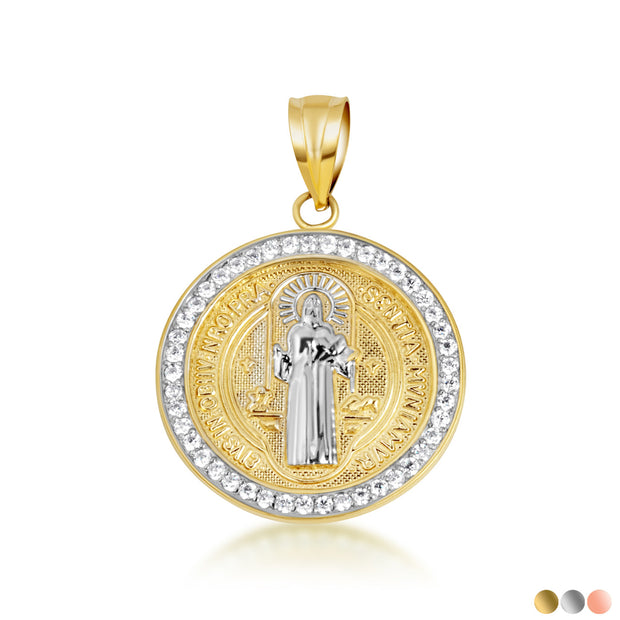 14K Two-Tone Gold Saint Benedict Diamond Halo Medallion Pendant Necklace (Available in Small/Large & Yellow/Rose/White Gold)