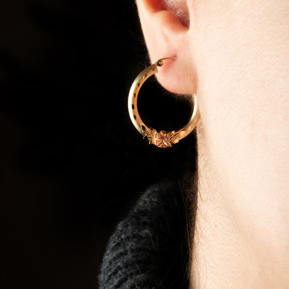 Prev Next Two-Tone Gold Diamond Cut Rose Flower Satin Finish Hoop Earrings