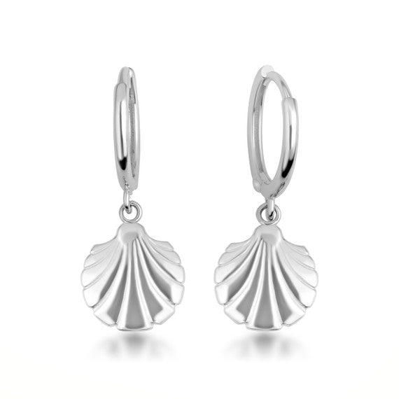 .925 Sterling Silver Beach Seashell Drop Huggie Hoop Earrings