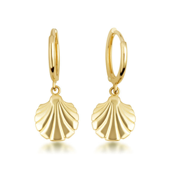 Yellow Gold Beach Seashell Drop Huggie Hoop Earrings