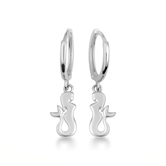 .925 Sterling Silver Sea Mermaid Drop Huggie Hoop Earrings
