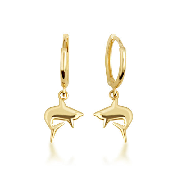 Yellow Gold Sea Shark Drop Huggie Hoop Earrings